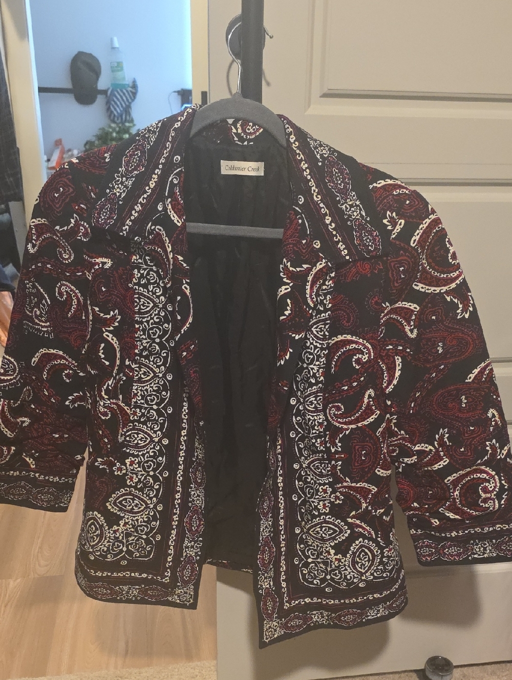 Coldwater Creek Burgundy Paisley Quilted Jacket with Black & White Trim